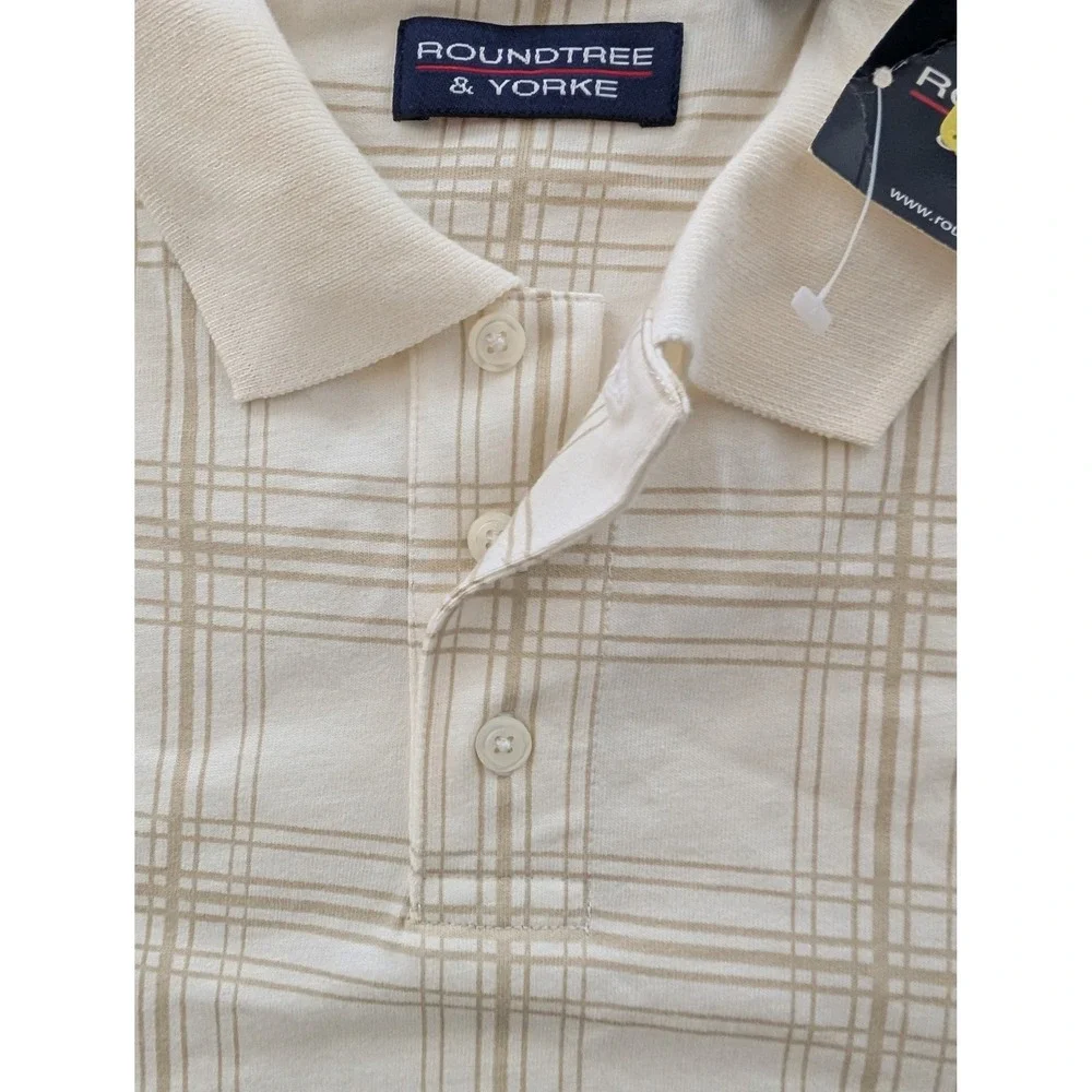 Roundtree & Yorke Mens Large Cream‎ Tan Plaid Cotton Short Sleeve Polo Shirt NWT